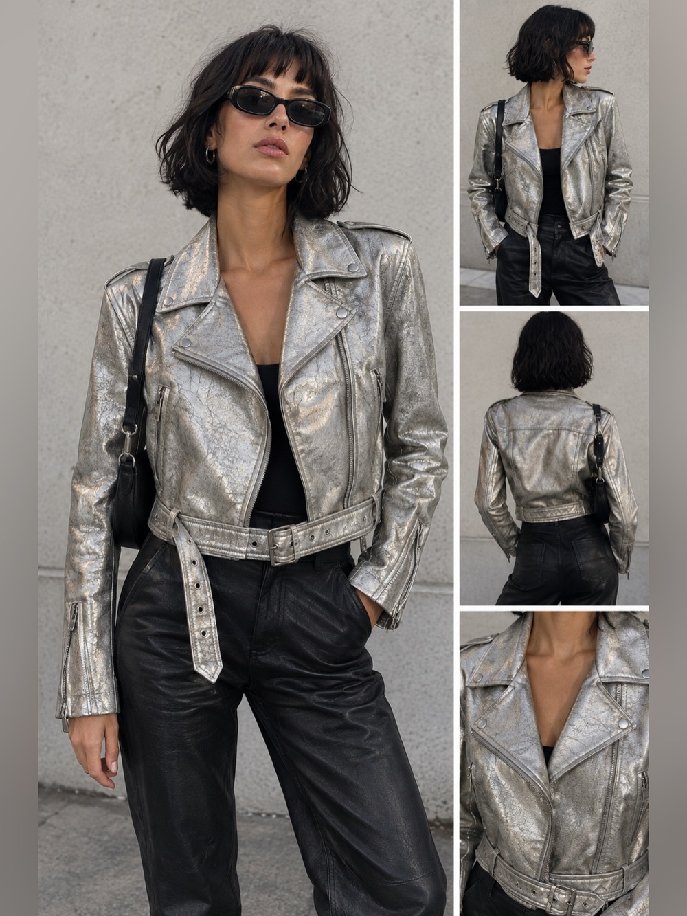 ZARA Metallic Silver Moto faux Leather Jacket